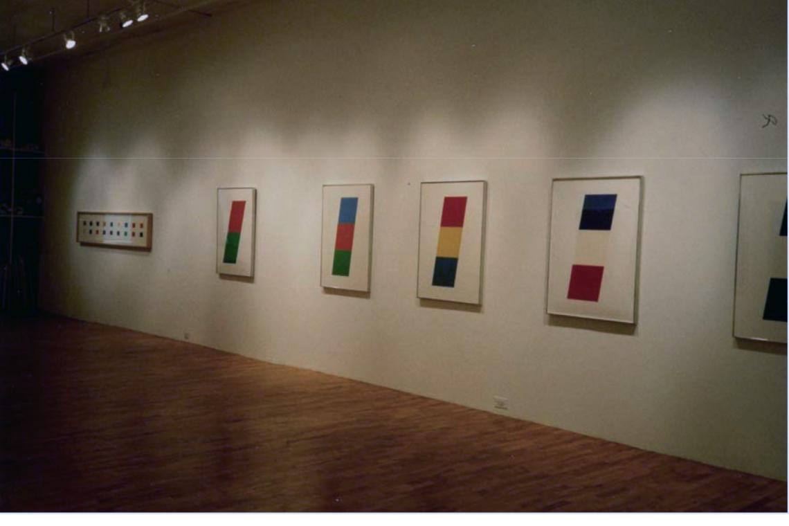 Left to right: Ellsworth Kelly, 18 Colors (Cincinati), 1982; Orange/Green, 1970; Blue/Red-Orange/Green, 1971; Red-Orange/Yellow/Blue, 1970; Blue/White/Red, 1971; Black/White/Black, 1970