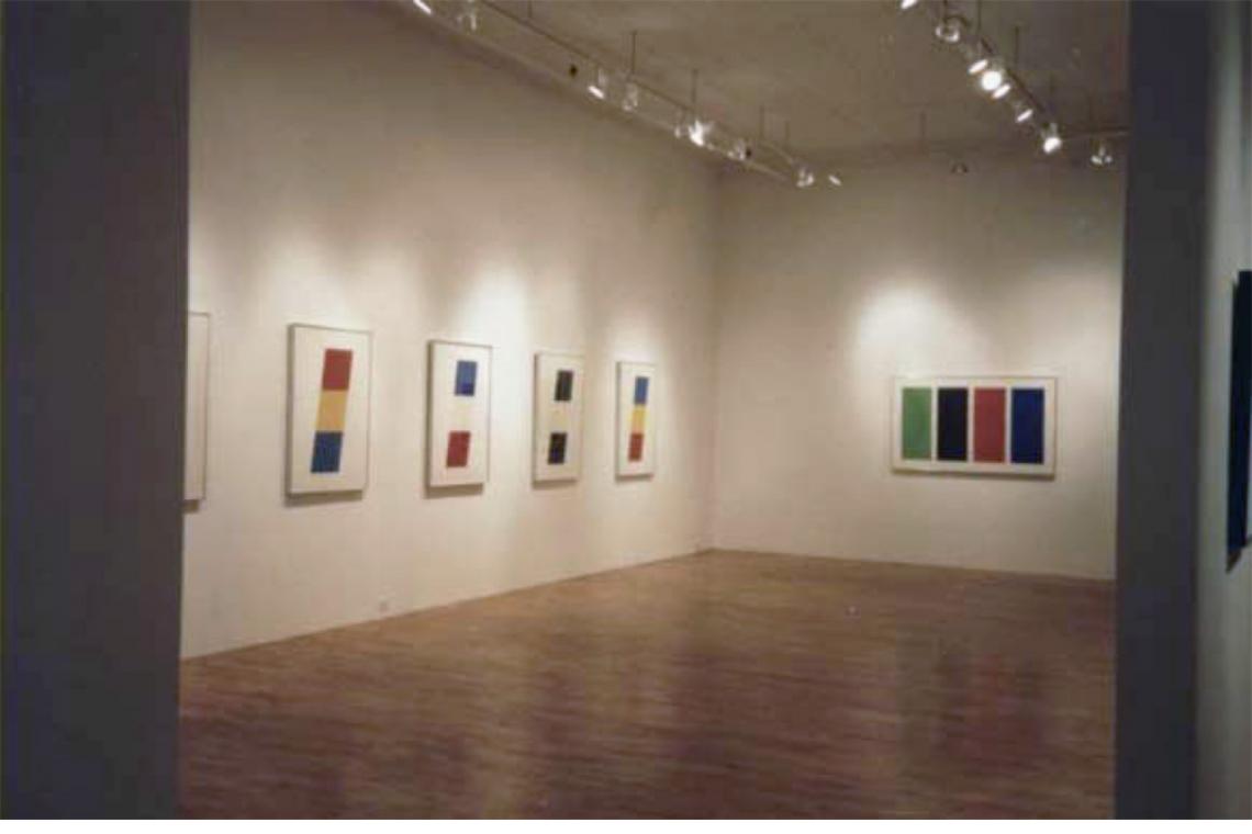 Left to right: Ellsworth Kelly, Red-Orange/Yellow/Blue, 1970; Blue/White/Red, 1971; Black/White/Black, 1970; Blue/Yellow/Red, 1970; Four Panels, 1971