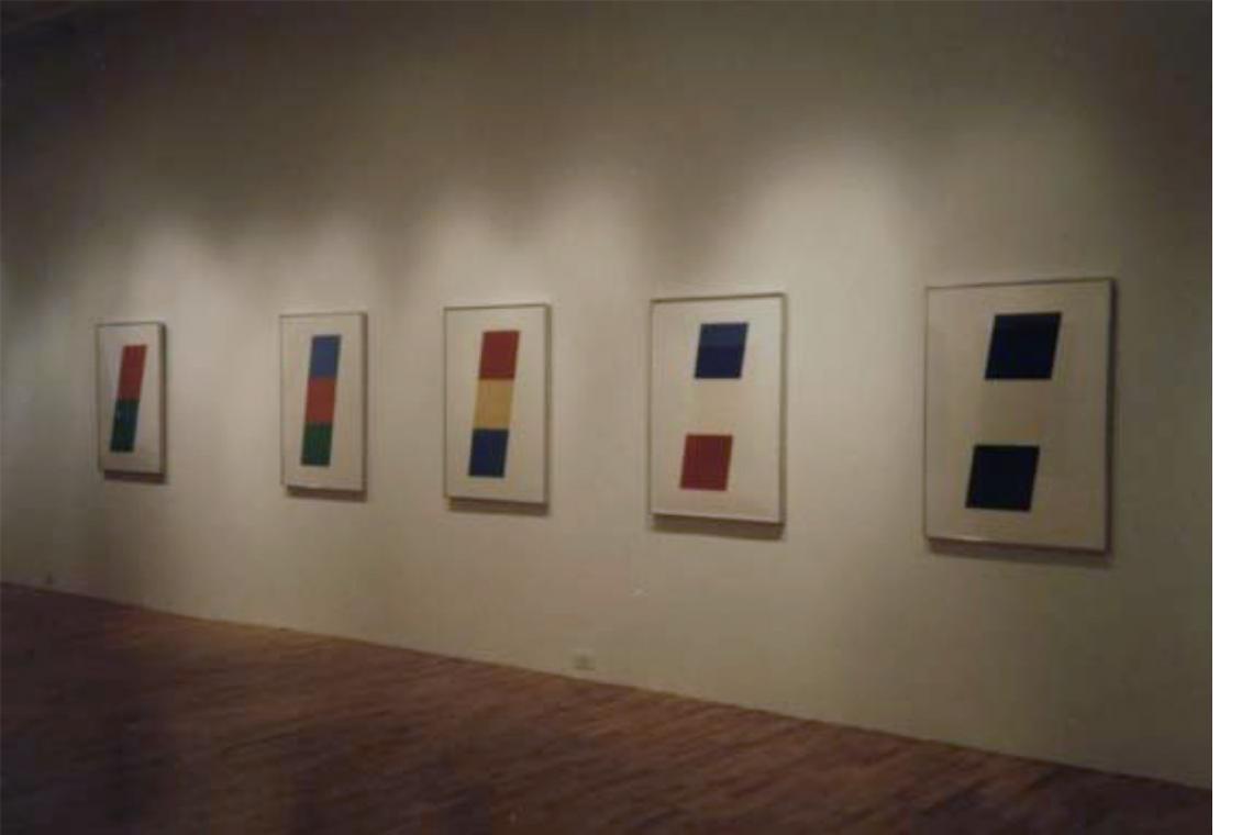 Left to right: Ellsworth Kelly, Orange/Green, 1970; Blue/Red-Orange/Green, 1971; Red-Orange/Yellow/Blue, 1970; Blue/White/Red, 1971; Black/White/Black, 1970