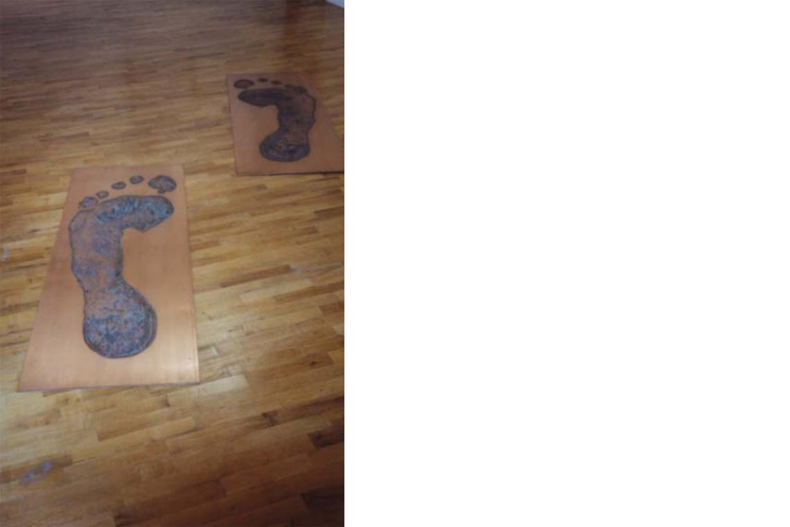 Left to right: Jonathan Borofsky, Foot Print in Copper (left), 1986; Foot Print in Copper (right), 1986