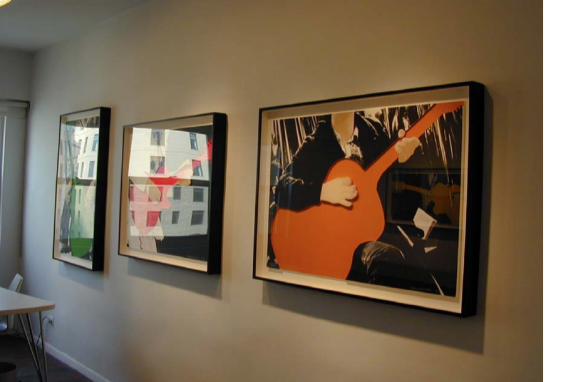 Left to right: John Baldessari, Person with Guitar (Green), 2004; Person with Guitar (Red), 2004; Person with Guitar (Orange), 2004