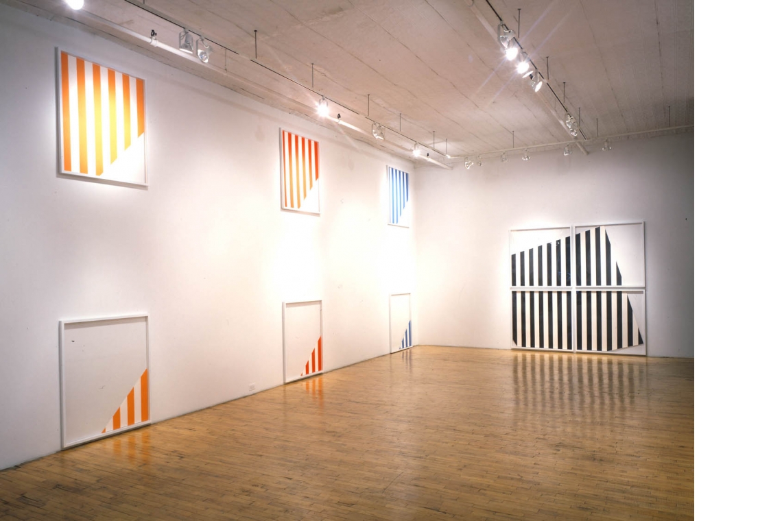 Left to right: Daniel Buren, Five Out of Eleven, 1989; The Rotating Square- In and Out of the Frame, 1989