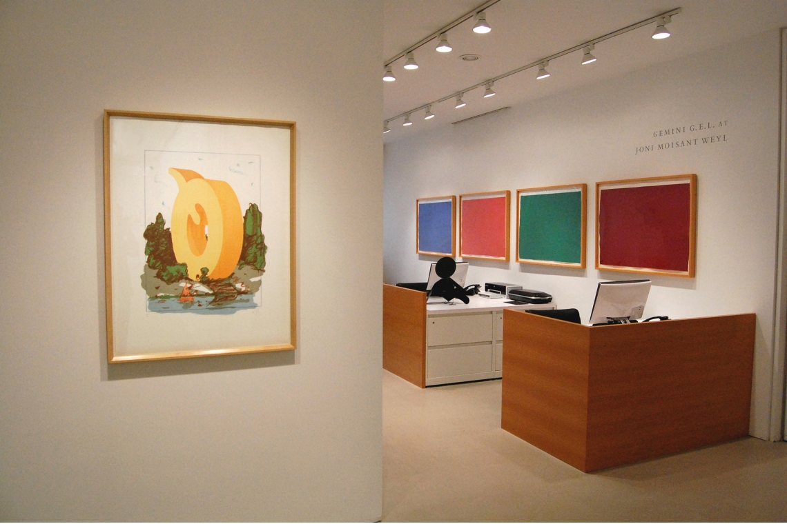 Left to right: Claes Oldenburg, Letter Q as a Beach House, with Sailboat, 1972; Dan Flavin, (To Don Judd, Colorist) 1-7, 1987