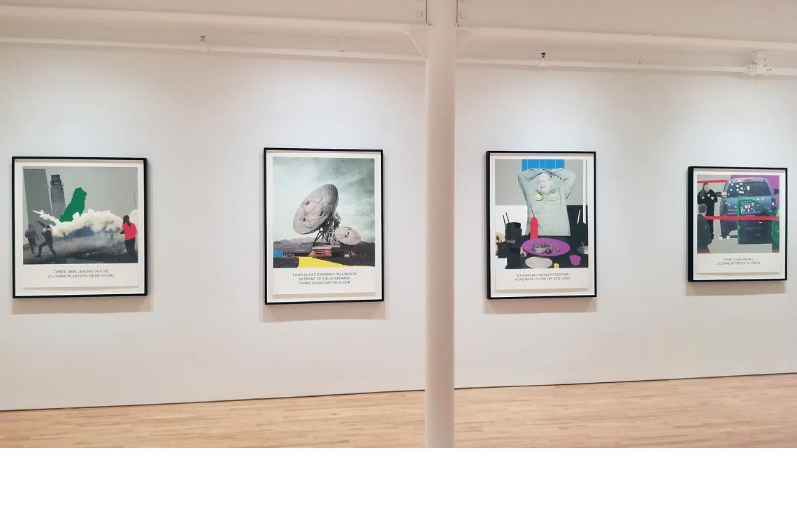 John Baldessari, THE NEWS: THREE MEN LEAVING HOUSE..., 2014, THE NEWS: FOUR DUCKS STANDING ON A BENCH, 2014, THE NEWS: A YOUNG BOY BEING FITTED FOR A GAS MASK, 2014, THE NEWS: FOUR YOUNG PEOPLE LOOKING AT PIECES OF PAPER, 2014