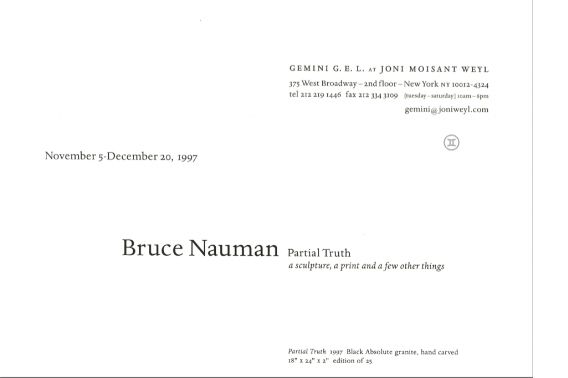 Bruce Nauman Partial Truth Announcement Card