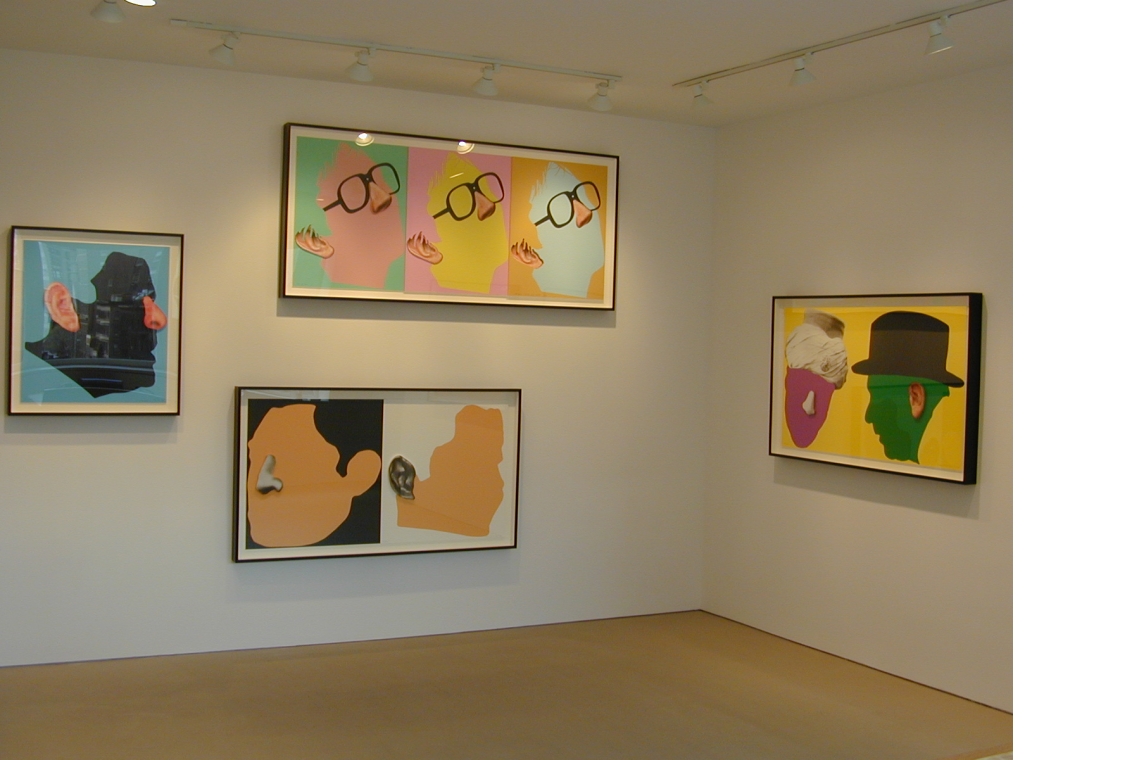 Left to right: John Baldessari, Noses & Ears (Blue Nose), 2006; Noses & Ears, Etc.: Two Profiles, One with Nose (B&W); One with Ear (B&W), 2006; Noses & Ears, Etc.: One Face (Three Versions) with Nose, Ear and Glasses, 2006; Noses & Ears (Turban), 2006