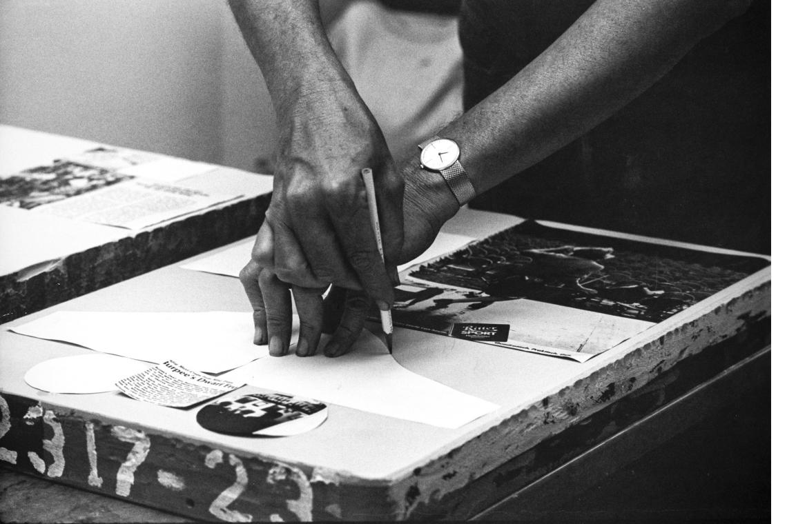 Robert Rauschenberg at Gemini G.E.L., working on a limestone, 1977 Photo © 1977 Sidney B. Felsen