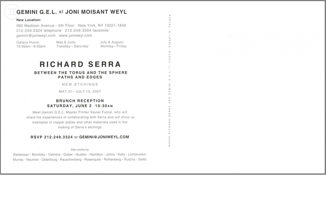 Richard Serra "Between the Torus and Sphere" and "Paths and Edges" Announcement Card (2007)