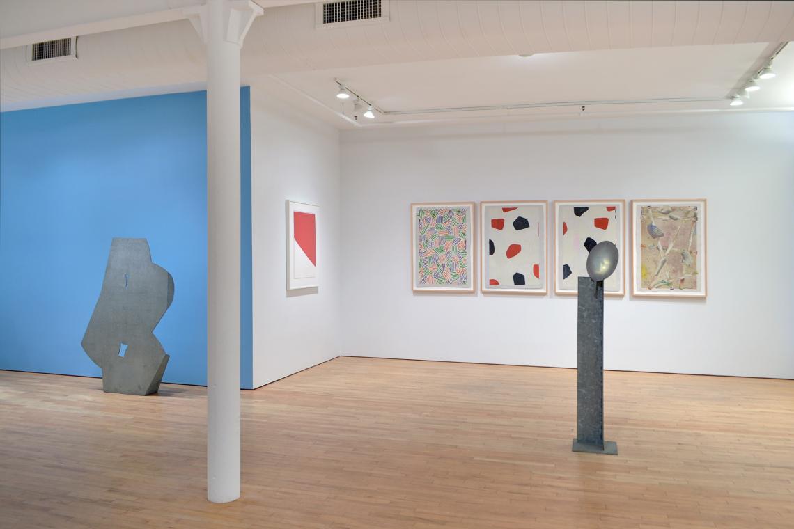 Isamu Noguchi, Goddess, 1983; Ellsworth Kelly, Red Curve, 2000;  Jasper Johns, Four Panels From Untitled 1972, 1974; Isamu Noguchi, Lady Mirror, 1983  